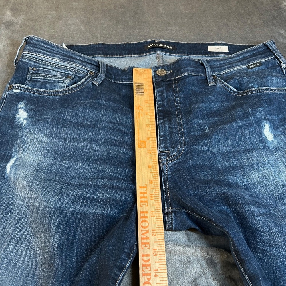 Mavi Jake Slim Leg Jeans Mens 38x28 Dark Wash Blue Distressed Stretch Denim - Picture 11 of 12